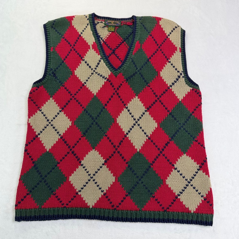 VTG Charter Club Argyle Sweater Vest Mens M Red Green Cotton V-Neck Knit Argyle